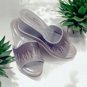 GJ Collection Silver Rhinestone Wedge Sandals Size 6.5 NWOT
